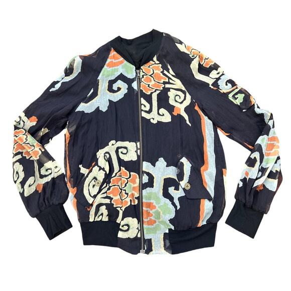 Fornarina | Vtg Y2K Abstract Floral Japanese Silk Bomber Jacket Cargo Pocket Med - Picture 1 of 10